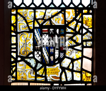 Heraldic stained glass, St. Martin`s Church, Fenny Stratford, Buckinghamshire, England, UK Stock Photo